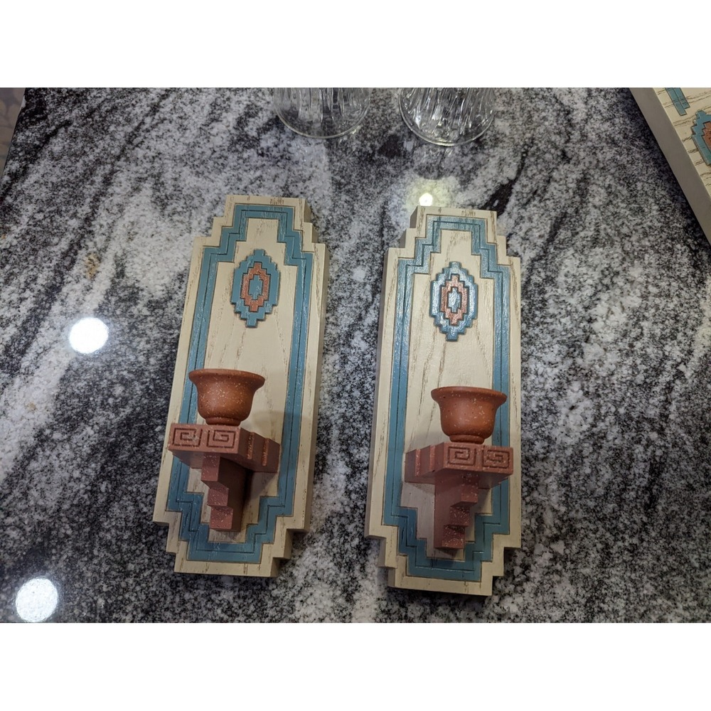 Vintage Home Interior Homco Santa Fe Aztec Candle Holder Wall Sconces Pair 1995